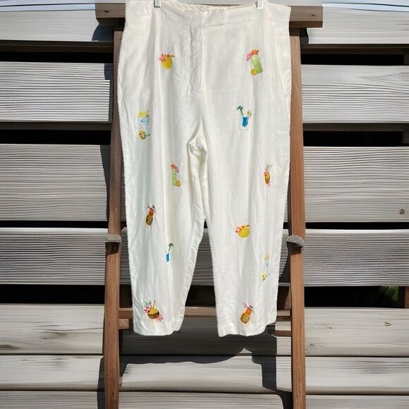 Saint Tropez West Women’s Size 16 Linen Tiki Embroidered Tropical Vacation Pants - Picture 1 of 8